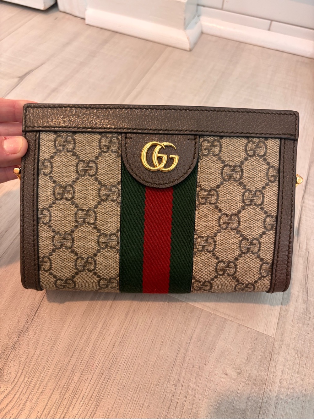 Gucci Brown GG Supreme Canvas Crossbody with Green-Red Web